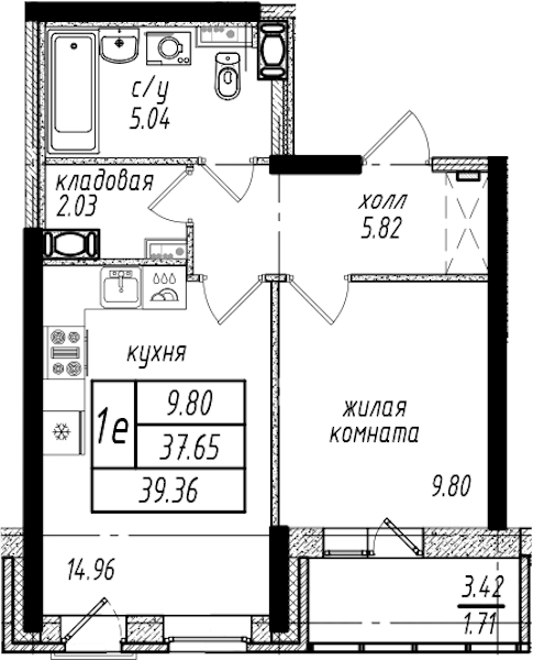 1-комнатная квартира 39.36 м², 4/25 эт., ЖК «Северная Долина»